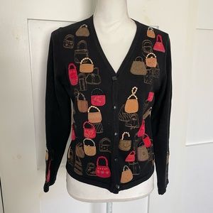 Vintage Black Knit Cardigan Sweater with Handbag Purse Appliques and Beading